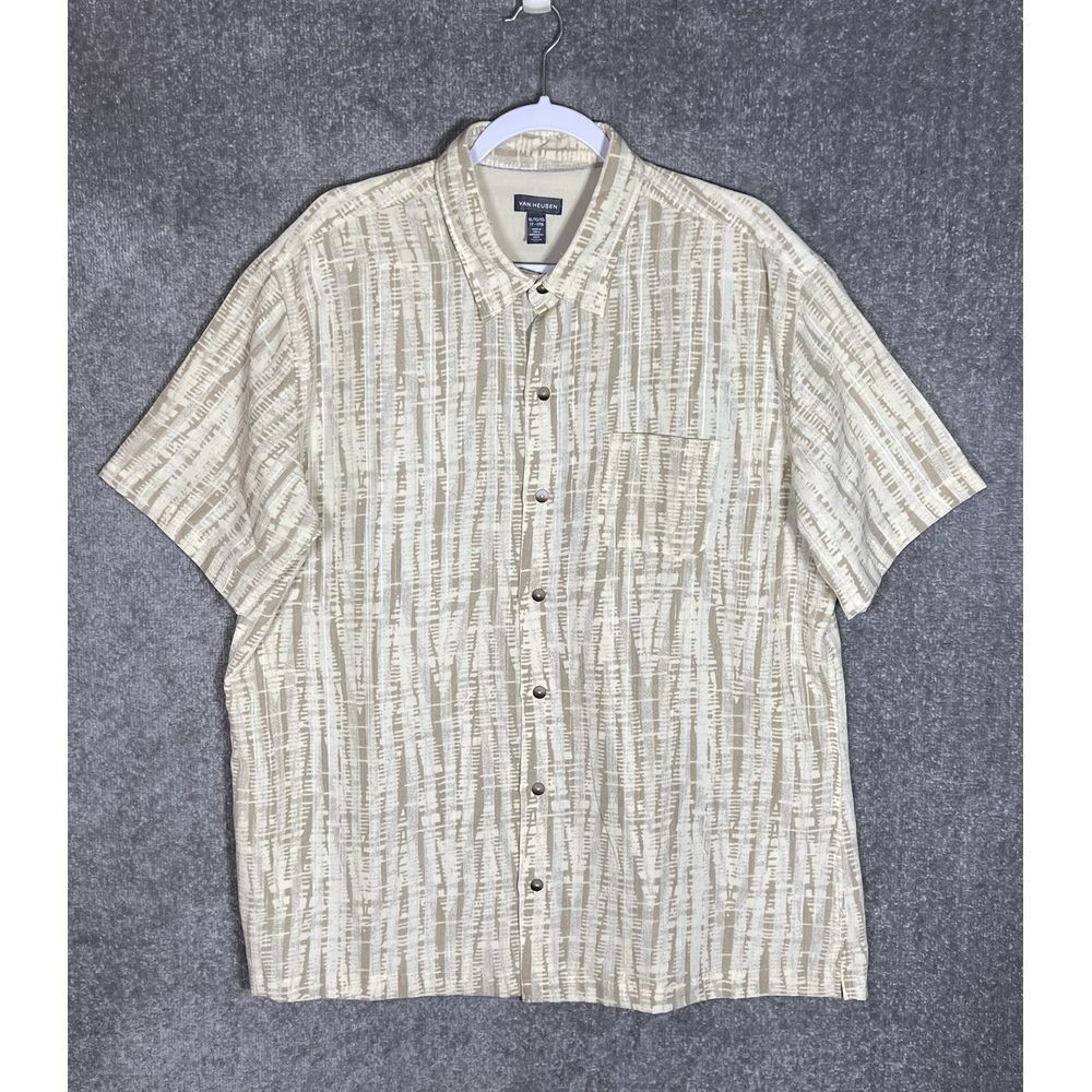 Van Heusen Short Sleeve Button Up Shirt Mens Size XL Yellow Brown Chest Pocket